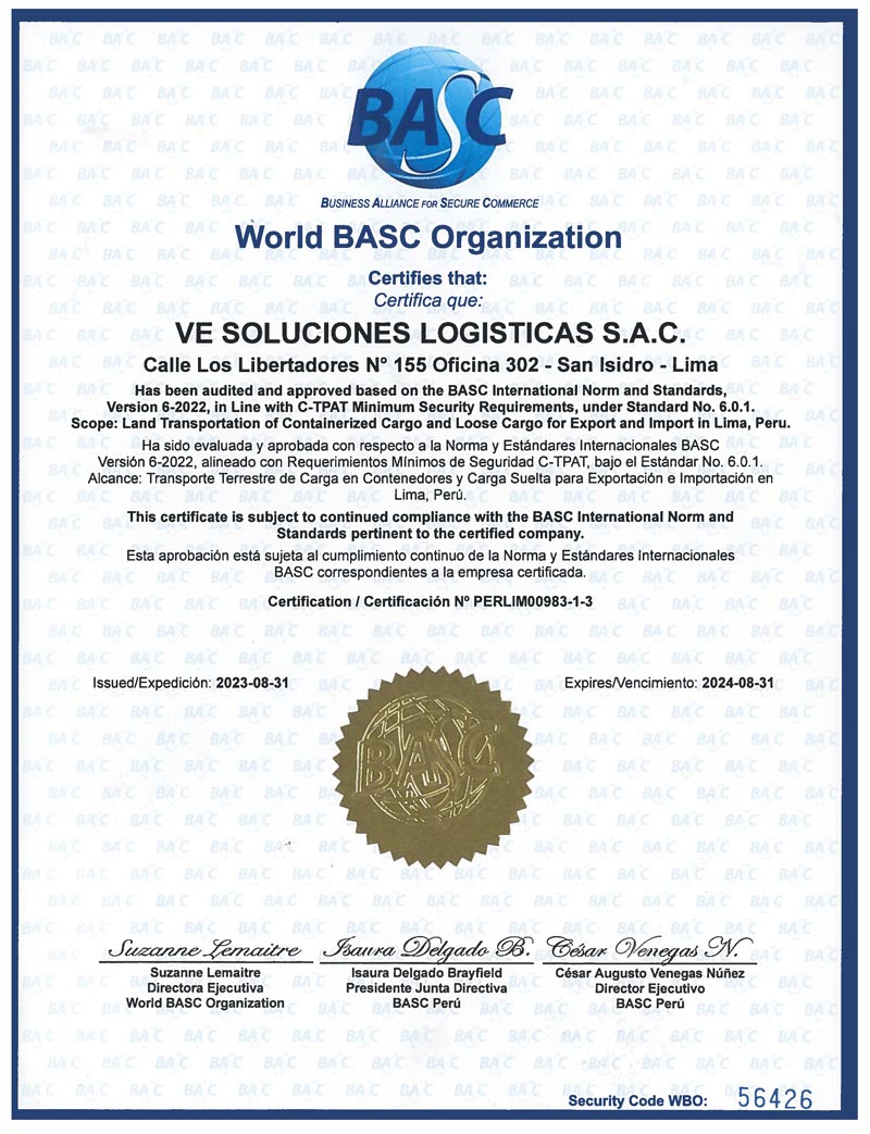 CERTIFICADO-BASC-VE-2023 Certificación BASC - VE Logistics 2023